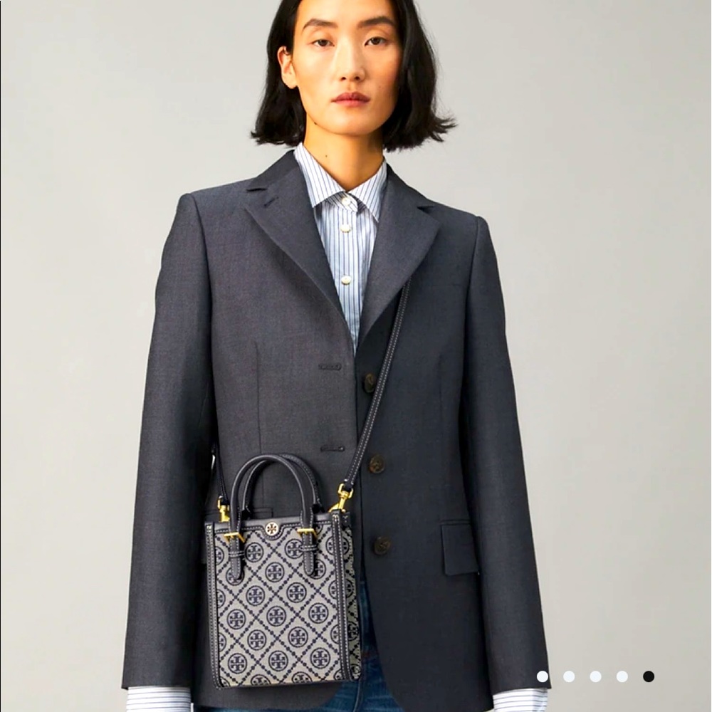 T MONOGRAM JACQUARD MINI TOTE - Tory Navy